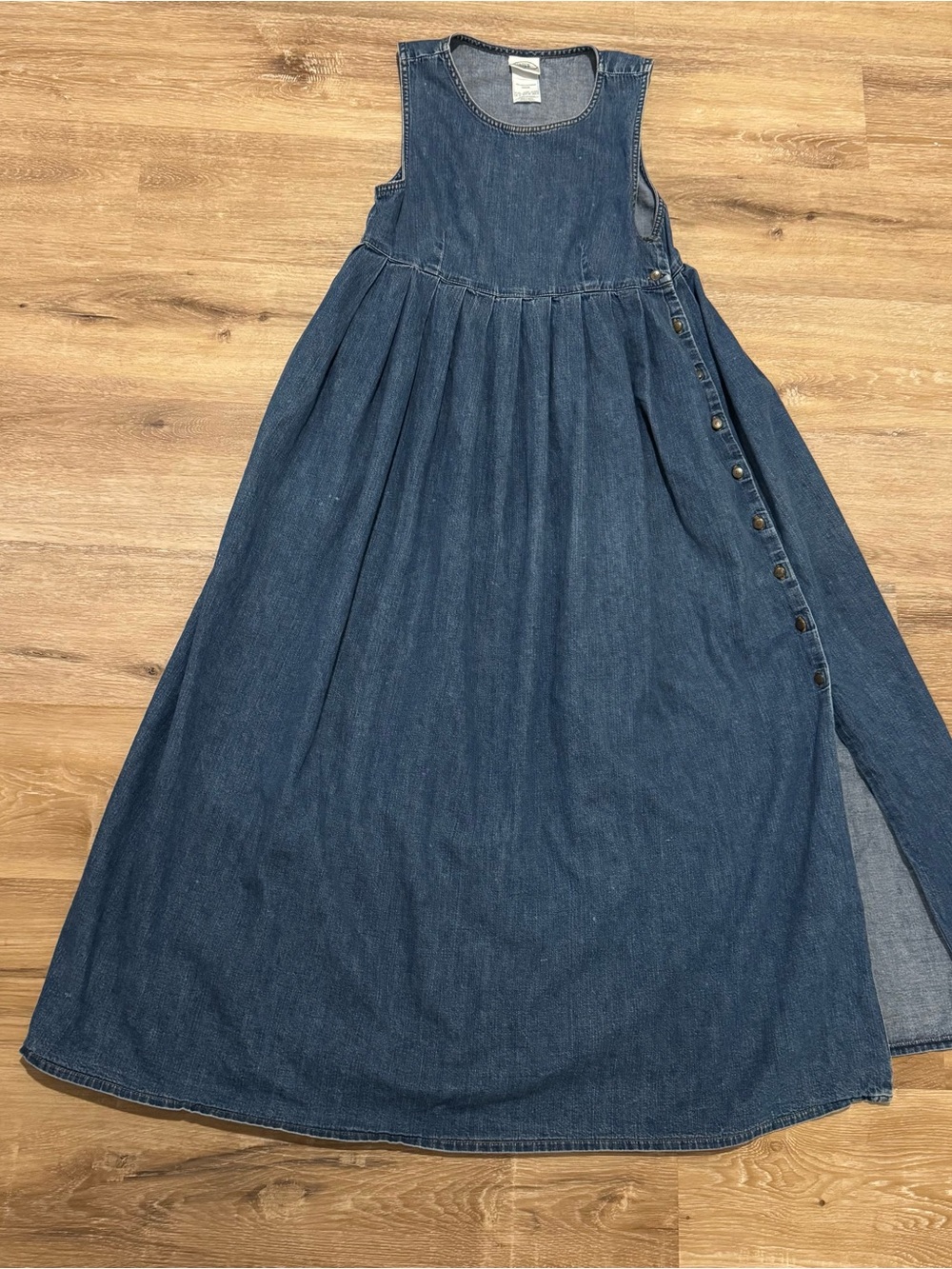 Vintage Laura Ashley Denim Maxi Dress Womens 10 Blue Pleated Pinafore Pockets